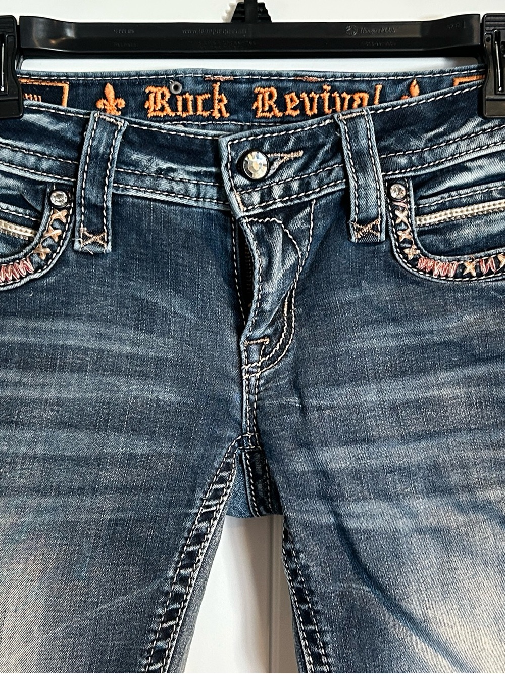 Rock Revival Women's Distressed Blue Boot Cut Jeans with Embroidered Waistband